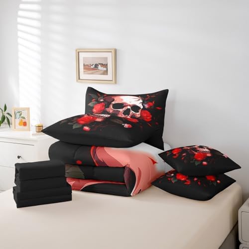 Erosebridal 7Pcs Sugar Skull Comforter Set Twin Size,Skull Rose Floral Bedding Set,Exotic Spooky Flowers Bed in A Bag,Halloween Gothic Bones Skeleton Sheet Set with Comforter