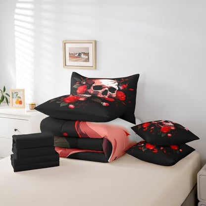 Erosebridal 7Pcs Sugar Skull Comforter Set Twin Size,Skull Rose Floral Bedding Set,Exotic Spooky Flowers Bed in A Bag,Halloween Gothic Bones Skeleton Sheet Set with Comforter