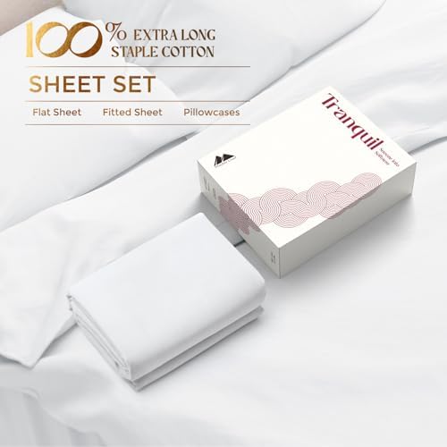 Mayfair Linen 100% Egyptian Cotton Twin Size Sheet Set - Luxury 800 Series Tranquil Collection Egyptian Cotton Twin Sheets (3 PC, White), Silky Soft Cooling 16" Deep Pocket College Dorm Room Sheets