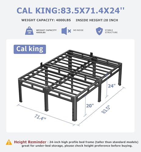 NKZ Metal Platform Bed Frame California King Size, 24 Inch Dual-Layer Base