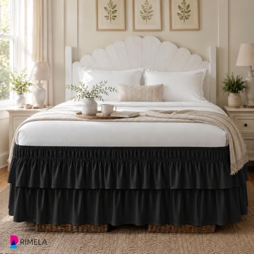 RIMELA Ruffle Bed Skirt Black Queen 15 Inch Drop, Elastic Wrap Around Bed Skirting Queen Size, Easy to Install Dust Ruffle, Machine Washable Soft Fabric, Multi Ruffle Bedskirt
