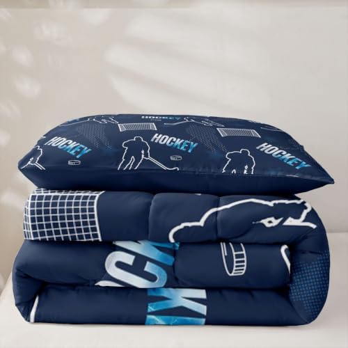 Ice Hockey Player Bedding Sets Twin Size,Modern Minimalist Trendy Sport Comforter Set 2Pcs for Kids Girls Boys Teens Room Decor,Navy Blue Quilted Duvet Athlete Silhouette Down Comforter,1 Pillowcase