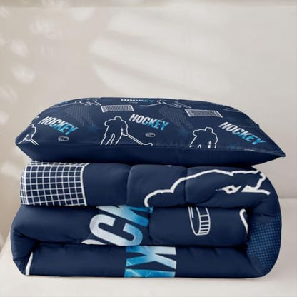 Ice Hockey Player Bedding Sets Twin Size,Modern Minimalist Trendy Sport Comforter Set 2Pcs for Kids Girls Boys Teens Room Decor,Navy Blue Quilted Duvet Athlete Silhouette Down Comforter,1 Pillowcase