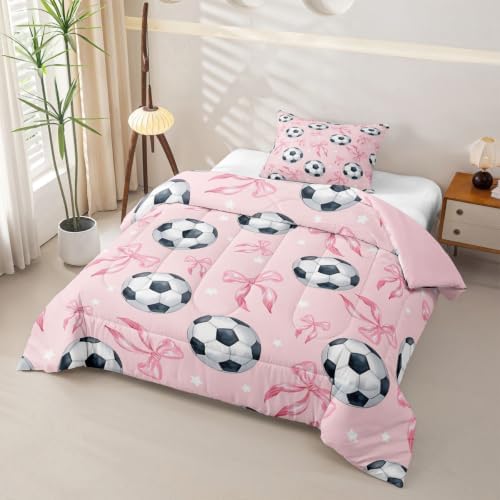 Coquette Soccer Comforter Set Toddler Size,Pink Ribbon Bowknot Bedding Sets 2Pcs for Kids Girls Boys Room Decor,Cute Stars Pattern Quilted Duvet Sports Bow Game Down Comforter,1 Pillowcase