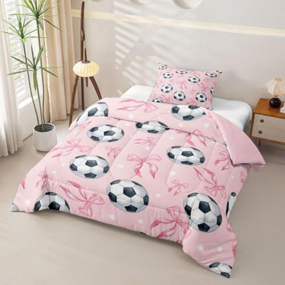Coquette Soccer Comforter Set Toddler Size,Pink Ribbon Bowknot Bedding Sets 2Pcs for Kids Girls Boys Room Decor,Cute Stars Pattern Quilted Duvet Sports Bow Game Down Comforter,1 Pillowcase