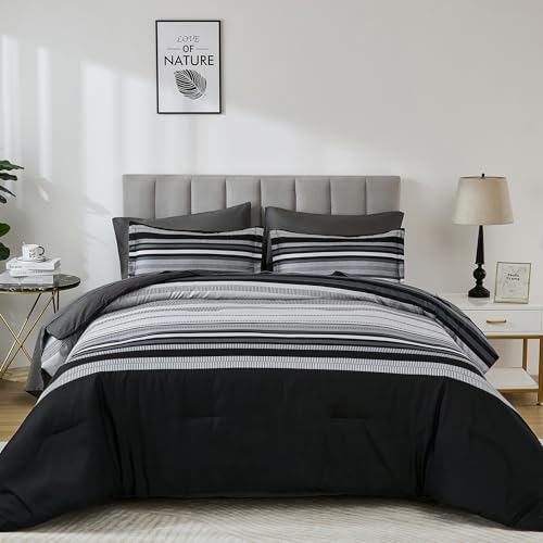 Dobuyly Black Comforter Full Size Set 7 Pieces, Boho Striped Grey Bed in a Bag Full Soft Microfiber Bedding Set for Mens with Comforter, Sheets, Pillowcases & Shams All Season