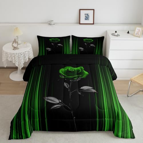 Feelyou Abstract Ombre Comforter Set King Size Kids Romantic Rose Comforter for Boys Girls Teens Green Black Bedding Set Geometric Striped Duvet Set Room Decor Quilt Set