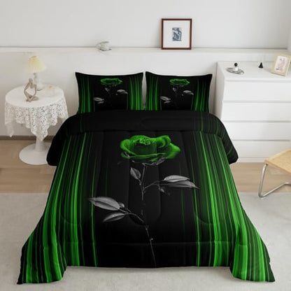 Feelyou Abstract Ombre Comforter Set King Size Kids Romantic Rose Comforter for Boys Girls Teens Green Black Bedding Set Geometric Striped Duvet Set Room Decor Quilt Set