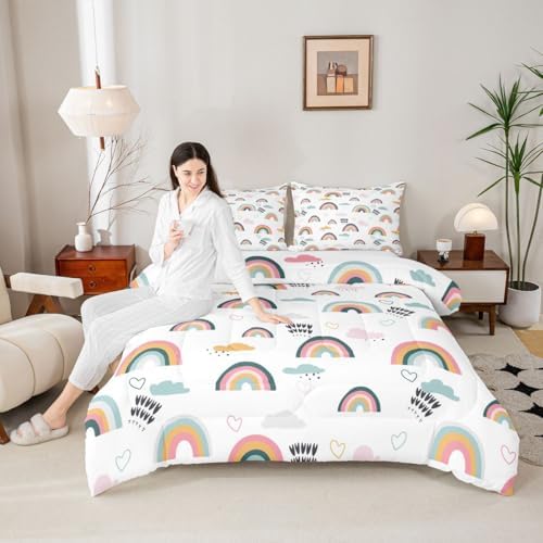 Erosebridal Rainbow Bedding Set for Kids Girls, Pink Love Heart Comforter Set Full Size Cartoon Cloud Geometric Stripes Bedding Comforter for Boys Children Women Watercolor Art Girly Duvet Sets