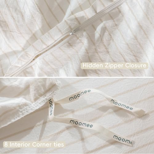 MooMee Striped Duvet Cover Set 100% Washed Cotton Linen Like