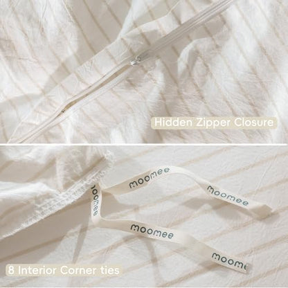 MooMee Striped Duvet Cover Set 100% Washed Cotton Linen Like