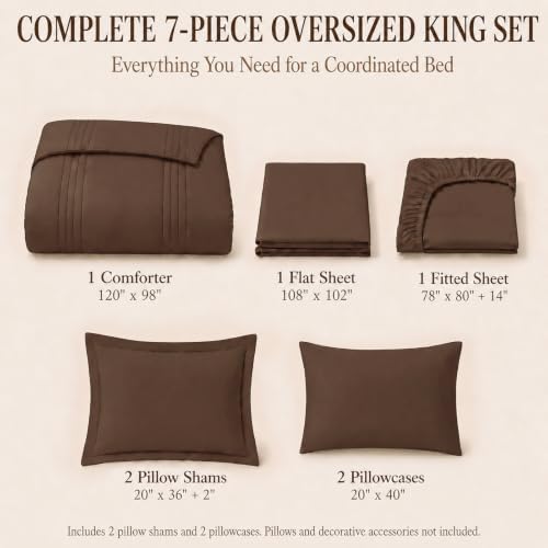 CozyLux Oversized King Comforter Set Brown- 7 Pieces Bed in a Bag