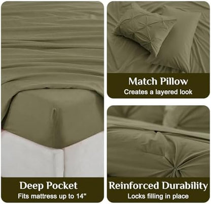 JOLLYVOGUE Twin Comforter Set 5 Pieces - Bed in a Bag Twin for All Season, Pintuck Bedding Comforter Sets with Comforter, Flat Sheet, Fitted Sheet and Pillowcases & Shams, Olive Green