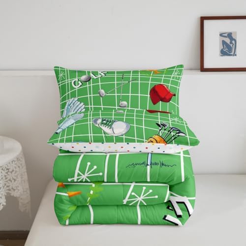 Castle Fairy Golf Bedding Set Full Size Ball Gaming Theme Comforter for Child Teens Boys Modern Golf Sports Lover Down Comforter Bedroom Decor Geometric Lines Duvet Insert with 2 Pillowcases
