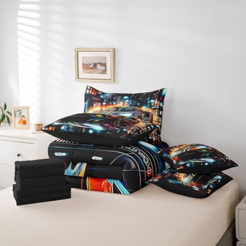 Feelyou Colorful Speed Sports Car Comforter Set with Sheets King Size Kids Race Car 7 Pieces Bedding Set for Boys Girls Teens Modern Racing Car Bed in a Bag Extreme Sports Bed Set Rainy