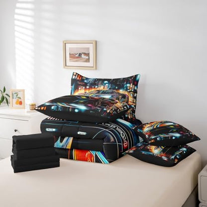 Feelyou Colorful Speed Sports Car Comforter Set with Sheets King Size Kids Race Car 7 Pieces Bedding Set for Boys Girls Teens Modern Racing Car Bed in a Bag Extreme Sports Bed Set Rainy