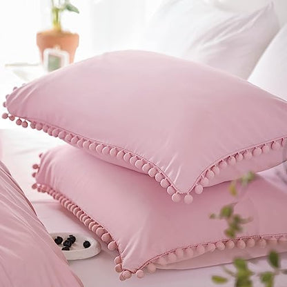 YIRDDEO Dust Pink Full Size Ball Pom Fringe Design Comforter Set 3pcs, Boho Aesthetic Luxurious Microfiber Comforter Set