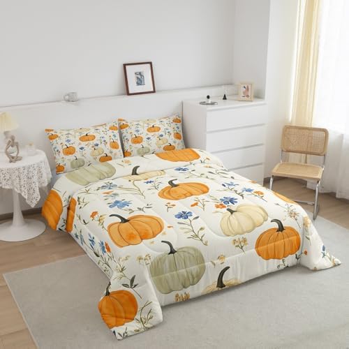 Homewish Pumpkin Pattern Bedding Set Botanical Flowers Comforter Set for Kids Boys Autumn Farmhouse Comforter Yellow Beige Quilt Set 1 Comforter Set with 1 Pillowcase Toddler Size