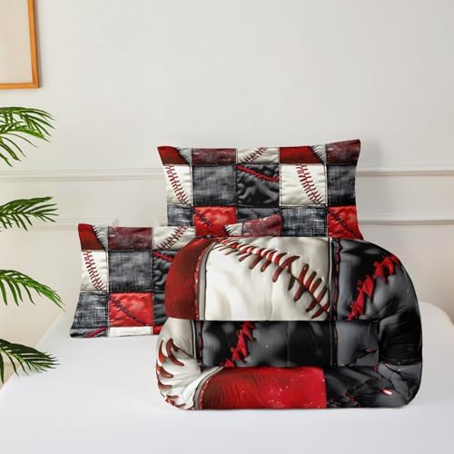 Red and Black Plaid Comforter Set Queen，Baseball Bedding Set Queen Red and Black，Sport Quilt for Boys，with 1 Comforter with 2 Pillow Case