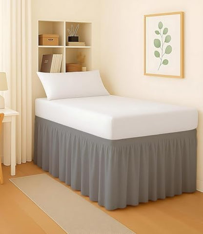 Dorm Bed Skirt Twin XL 60 Inch Drop, Easy to Install Extra Long Wrap Around Elastic Dust Ruffle, Bedskirt Solid Silky Fabric Machine Washable, Ruffled College Dorm Room Light Grey