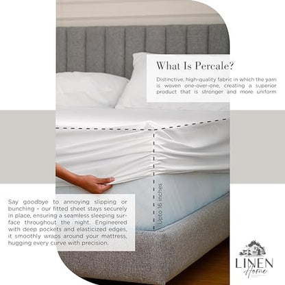 Linen Home 100% Cotton Percale Sheets Queen Size, White, Deep Pocket, 4 Pieces Set - 1 Flat, 1 Deep Pocket Fitted Sheet and 2 Pillowcases, Crisp Cool and Strong Bed Linen (Pack of 2)