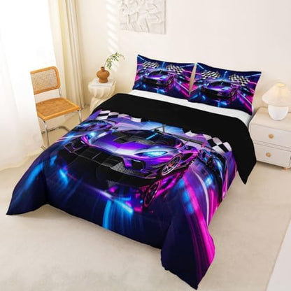 Feelyou Boys Sports Car Comforter Set All Season Racing Car Bedding Set with 2 Pillow Cases Extreme Sports Microfiber Kids King Bedclothes Bedroom Decor Duvet Quilt Breathable Soft Lightweight