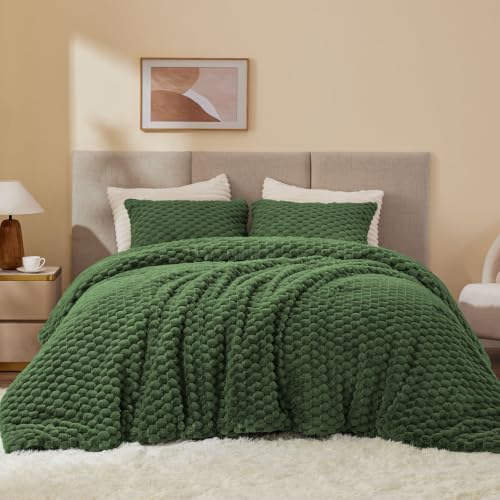BEDELITE Fluffy Queen Comforter Set, Olive Green Fleece Bed Set 3 Pieces