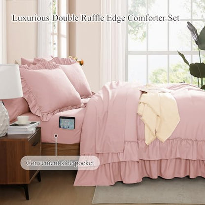 California King Comforter Set Soft Pink Ruffle 7 Pieces Bed in a Bag