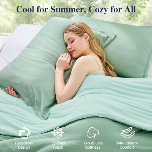 MUXHOMO Cooling Comforter Set Queen Size, Lightweight Summer Comforter for Hot Sleeper, Reversible Bedding with ICY Cooling Surface, Includes 1 Comforter (90"x90") and 2 Shams (20"x 26"), Sage Green