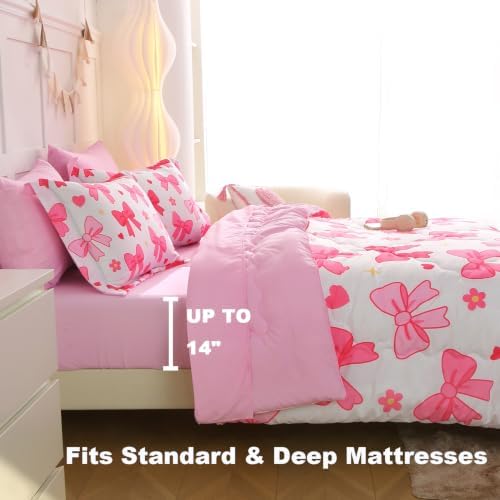 7 Piece Pink Bow Bedding Set for Girls Kids Full Size Bowknot Comforter Set Super Soft Cute Bed in a Bag Microfiber Lightweight Bed Set for Teens Room Decor