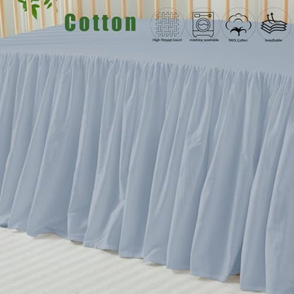 Brandream Attached Crib Skirt Sheet Girls Boys Ruffled Skirt 2-in-1 Design, 100% Cotton, Gender Neutral Crib Skirt Toddler Bedskirt Farmhouse Chic Nursery Crib Bed Skirt, Boho Bohemian Solid Mist Blue