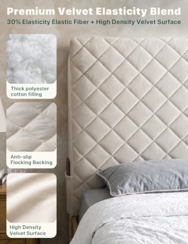 Velvet Bed Headboard Cover Slipcover - Stretch Quilted & Thicken Dustproof Protector for Queen/King, Washable Decorative Headboard Cover for Bedroom (Beige, 75x27.5 inch)