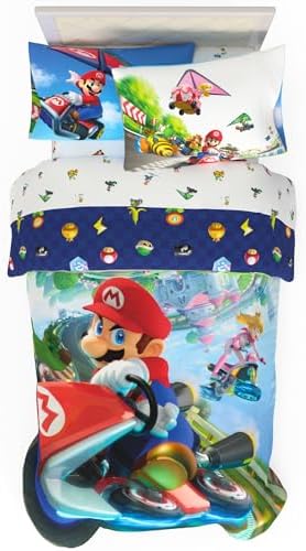 Super Mario Kart Game Kids Bedding Set, Twin Size, 4-Piece Super Soft Cozy Reversible Comforter & Sheet Set (Officially Licensed Product) by Franco