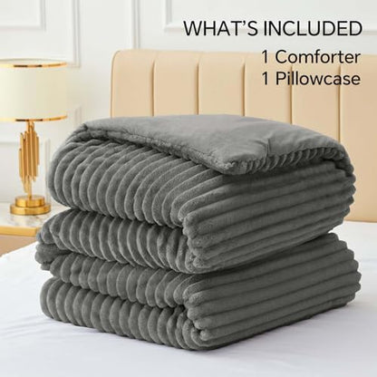 BEDELITE Fleece Twin/Twin XL Comforter Set, Fluffy Bed Set, Grey