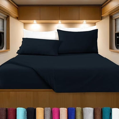 Elegant Comfort Luxurious 1500 Premium Hotel Quality Microfiber Three Line Embroidered Softest 4-Piece Bed Sheet Set, Wrinkle and Fade Resistant, RV Short Queen, Black