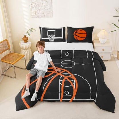 Castle Fairy Basketball Court Print Comforter Set for Kids Boys,Ball Sports Games Themed All Season Cozy Bedding Set Twin Size,Orange Basketball and Hoop Quilt Set Home Decor,Children Birthday Gift