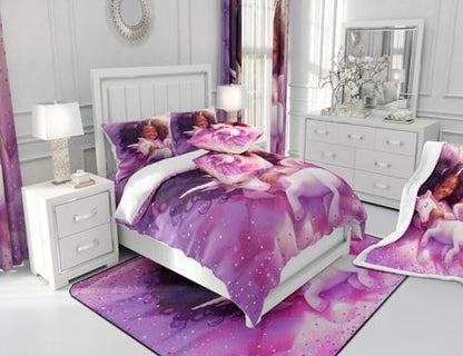 Black Cartoon Girl Comforter Set Twin Size,Cute Unicorn Castle Princess Bedding Set,Girls Women Room Decor,Girls African Glitter Sequins Down Comforter,Purple Romantic Duvet Insert,1 Pillowcase