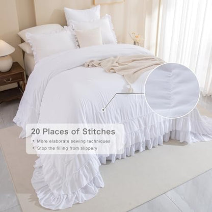 Masaca Oversized King Comforter 128x120,White Shabby Boho Chic Farmhouse Bedding Comforter with Ruffles,3 Pieces Vintage Lightweight and Soft French Country Bedding Set