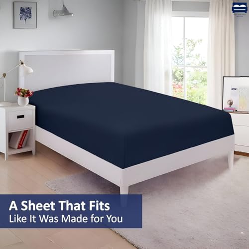 1 Piece Queen Size Fitted Sheet Only, 15-Inch Deep Mattress, Navy Blue