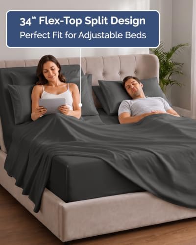 Extra Deep Flex Top Split Head King Sheet Set - 6pc Bed Sheets - Charcoal