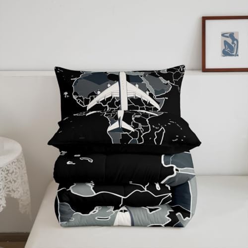 Erosebridal Airplane Comforter Set Full Aircraft Bedding Set Gradient Gray World Map Comforter for Kids Boys Girls Modern Transportation Plane Quilt Duvet