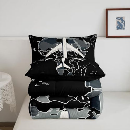 Erosebridal Airplane Comforter Set Queen Aircraft Bedding Set Gradient Gray World Map Comforter for Kids Boys Girls Modern Transportation Plane Quilt Duvet