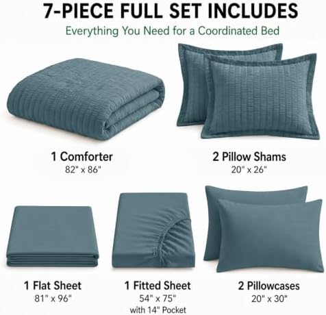 HIMEET Full Comforter Sets, 7-Piece Seersucker Bed in a Bag, Mineral Blue