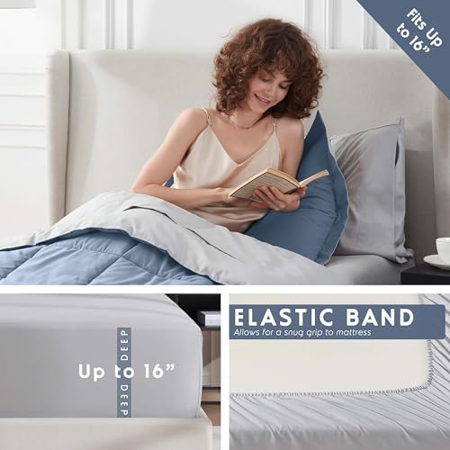 Nestl 7 Piece Twin Comforter Set – Stone Blue Reversible Bed in a Bag – Complete Twin Size Bedding Set with Sheets, Set of 2 Down Alternative Pillows, Pillowcase and Sham