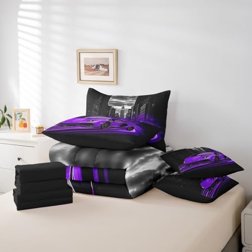 Feelyou Purple Race Car Comforter Set with Sheets Queen Size Kids Speed Sports Car 7 Pieces Bedding Set Boys Girls Teens Racing Car Bed in a Bag Extreme Sports Street Bed Set Gothic Modern City