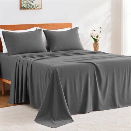 GOKOTTA 4 Piece Cal King Sheet Set - Soft, Breathable & Cozy - Dark Grey