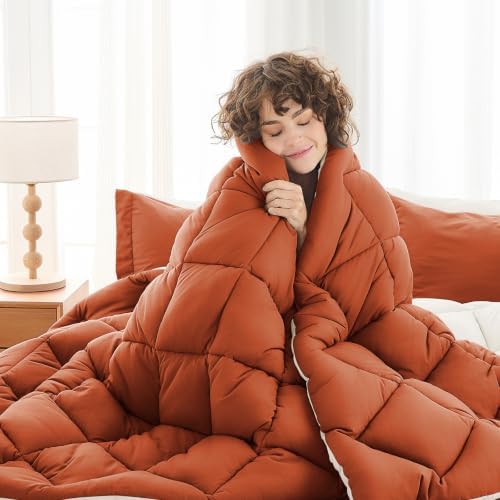 MUXHOMO 5 Pieces Twin XL Comforter Set, Reversible Bed in a Bag Twin XL Size, All Season Bedding Set with Comforter, Flat Sheet, Fitted Sheet, Pillowcases & Shams, Burnt Orange & Beige