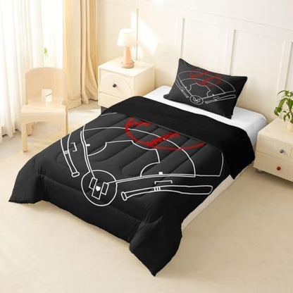 Baseball Field Print Comforter Set Twin Size,Boys Ball Sports Games Themed Quilt Set for Kids Boys Bedroom Collection,Red Baseball Bat Sporting Equipment Soft Bedding Set with 1 Pillowcase
