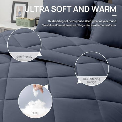 Love's cabin Full Comforter Set Navy Blue, 7 Pieces Full Bed in a Bag, All Season Bedding Sets with 1 Comforter, 1 Flat Sheet, 1 Fitted Sheet, 2 Pillowcase and 2 Pillow Sham
