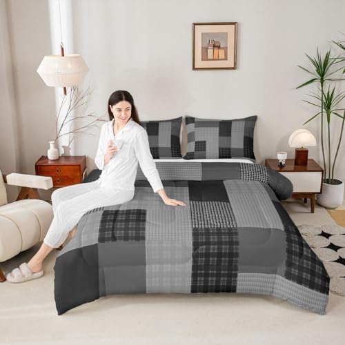 jejeloiu Plaid Kids Comforter Set King Size Farmhouse Patchwork Bedding Set Check Checkered Duvet Quilt for Kids Boys Girls Bedroom Rustic Lodge Cabin Decor Microfiber Ultra Soft Breathable